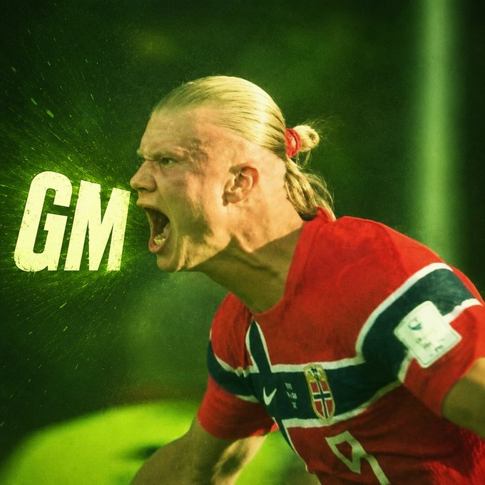 Erling Haaland, wearing a Norway national team jersey, screams passionately with the text "GM" prominently displayed beside him, perfectly capturing the energy of the "GM, scream it like Erling Haaland" caption.