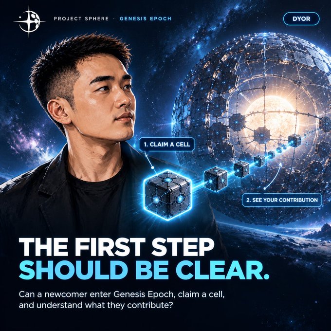 A promotional graphic for Project Sphere's Genesis Epoch features a young man beside a large glowing spherical structure, with the text 'THE FIRST STEP SHOULD BE CLEAR. Can a newcomer enter Genesis Epoch, claim a cell, and understand what they contribute?' alongside labeled steps '1. CLAIM A CELL' and '2. SEE YOUR CONTRIBUTION', and the DYOR logo.