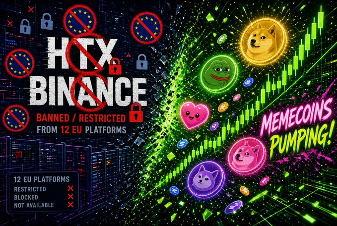 YouTube thumbnail showing 'KUCoin BINANCE BANNED / RESTRICTED FROM 12 EU PLATFORMS' on the left with EU no-entry signs, and 'MEMECOINS PUMPING!' on the right with Doge, Pepe, Shiba, and other meme coins over a green chart.
