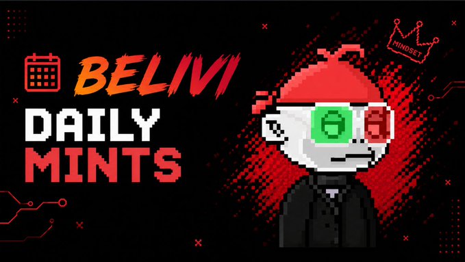 A gaming-themed graphic features an NFT-style character with a red hat and one green eye, alongside the text 'BE LIVI DAILY MINTS' and a 'MINDSET' crown logo on a black and red background.