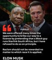 A graphic shows Elon Musk smiling with a quote beginning 'We were offered many times to publicly apologize...'