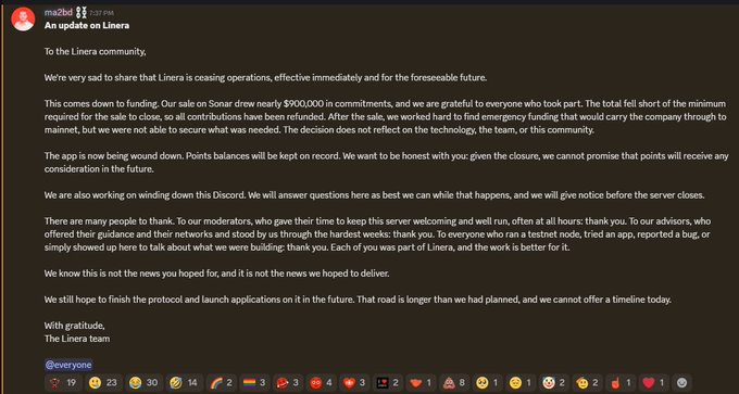 An announcement on Discord from the Linera team stating that they are ceasing operations immediately due to funding falling short of the $900,000 commitment on Sonar.