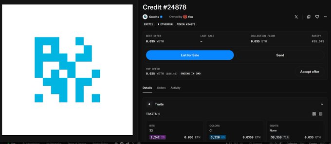 An NFT marketplace listing for Credit #24878 showing a pixelated blue ghost character, with a best offer of 0.035 WETH, top offer of 0.035 WETH, rarity rank #15,579, and traits including BITS 3,142, COLORS C 3,228, and EVENTS 30,360.