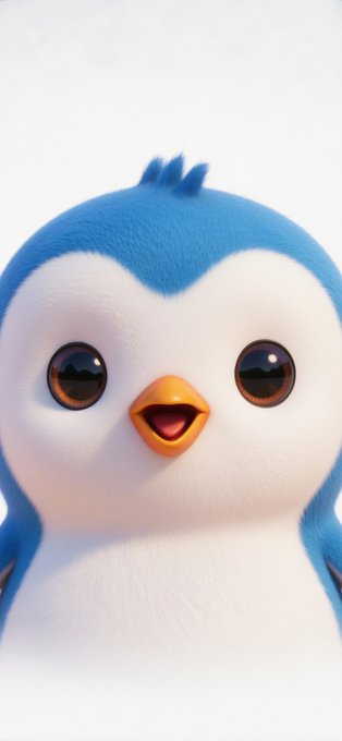A 3D-rendered blue and white cartoon penguin with large expressive eyes and a small orange beak smiles against a white background.