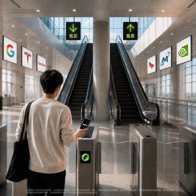 A person holding a smartphone at a turnstile in a building lobby, facing two escalators labeled '低买' (low buy) and '高卖' (high sell) with tech company logos including Google and Tesla on the walls.