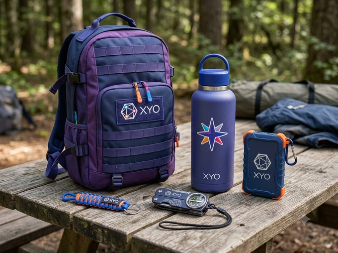 An outdoor adventure display shows a purple backpack, a purple water bottle, a blue hard case, a compass, and a paracord bracelet, all branded with the 'XYO' logo, arranged on a wooden picnic table with a forest background.