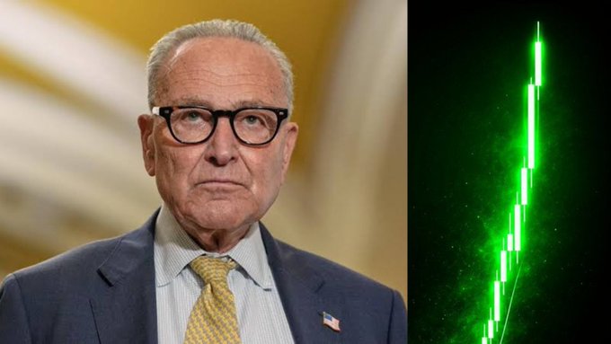 A split image shows Senate Minority Leader Chuck Schumer on the left and a green line stock chart trending sharply upward on the right.