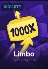 A promotional graphic for a 'Limbo' game titled 'Duel Originals,' featuring a 3D yellow cube labeled '1000X' with '100% RTP' in the top-left corner, set against a purple background.