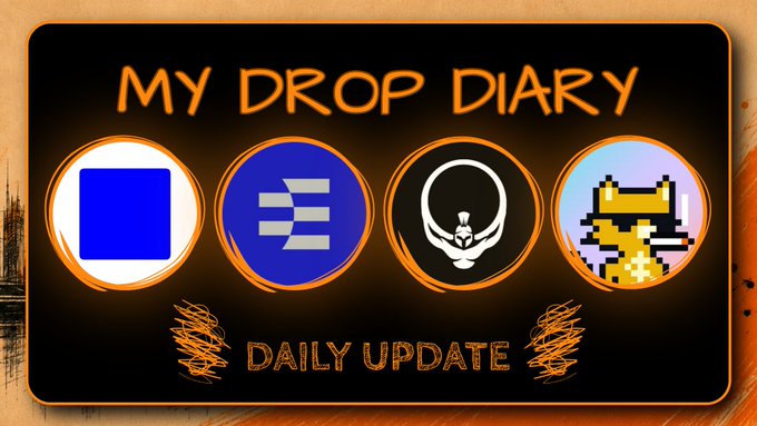 A graphic titled 'MY DROP DIARY' with 'DAILY UPDATE' text, displaying four circular icons on a dark background with orange accents, including a blue square, a blue Z logo, a white figure logo, and a pixel art character.