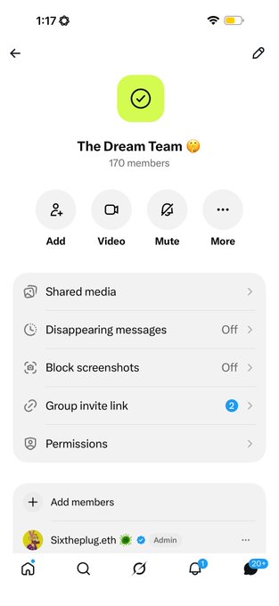 A mobile app interface screenshot for a group named 'The Dream Team' with 170 members, showing options like 'Add', 'Video', 'Mute', 'Shared media', and 'Disappearing messages', along with an admin named 'Sixtheplug.eth'.