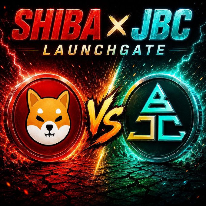 A fiery promotional battle graphic for "$HIBA × JBC LaunchGate" featuring a red Shiba Inu coin emblem clashing against a cyan "JBC" emblem with a bold "VS" between them, visually representing the post's question about which cryptocurrency community—SHIBA or JBC LaunchGate—is larger.