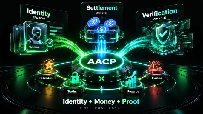 Cryptocurrency/tech infographic for 'AACP' showing three pillars—Identity (ERC-8004), Settlement (ERC-8183), and Verification (zkVM + TEE)—with the tagline 'Identity + Money + Proof, ONE TRUST LAYER.'