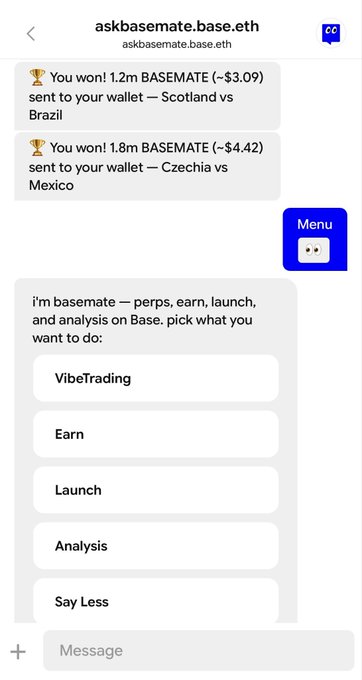 A screenshot of the askbasemate.base.eth chat interface on the Base App shows two recent BASEMATE token winnings (1.2m tokens ~$3.09 for Scotland vs Brazil and 1.8m tokens ~$4.42 for Czechia vs Mexico), along with a menu offering options like VibeTrading, Earn, Launch, and Analysis. The image illustrates how Basemate functions as the user's AI copilot for trading, earning, and playing within the Base ecosystem.