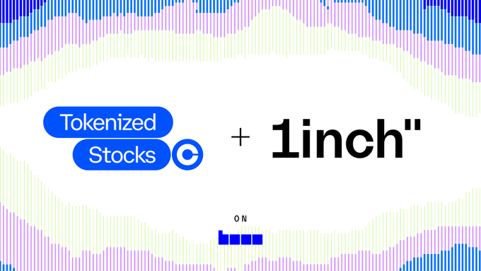 The image displays logos for "Tokenized Stocks" and "1inch" with a plus sign between them, set against a colorful sound wave background, illustrating the integration of tokenized equities with the 1inch aggregator on the Base network.