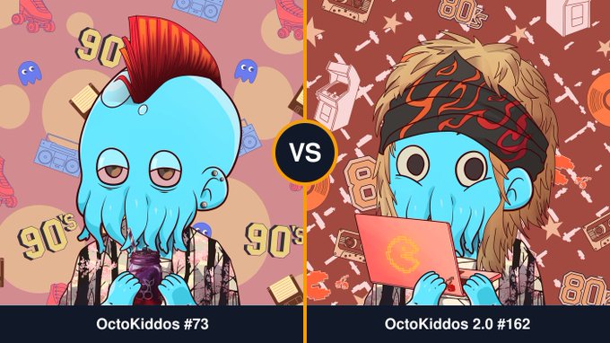 Split illustration comparing two blue octopus cartoon characters: 'OctoKiddos #73' with a 90's red mohawk holding a yo-yo on the left, versus 'OctoKiddos 2.0 #162' wearing a fur hat and black bandana with a laptop showing a hammer and sickle on the right, separated by a 'VS' badge.