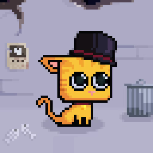 A pixel art image features a small orange kitten wearing a black top hat, standing on a gray brick street next to a trash can, a "wanted" poster, and scattered fish bones, embodying the whimsical, cartoonish charm of the Kuan Tom NFT collection.