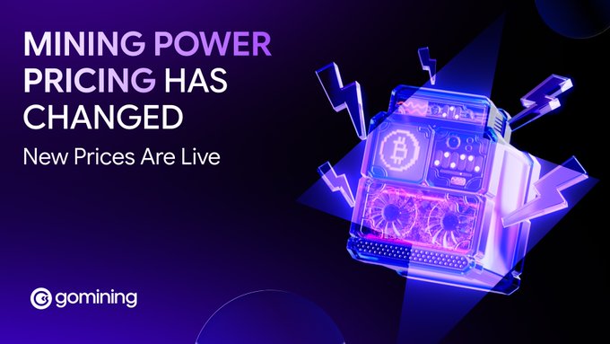 A promotional graphic with the text 'MINING POWER PRICING HAS CHANGED - New Prices Are Live' by gomining, featuring a 3D rendered crypto mining rig with Bitcoin logo and lightning bolt effects.