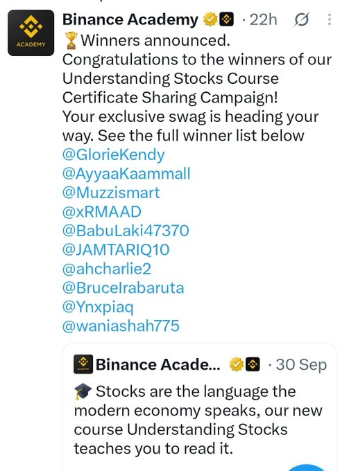A Binance Academy social media post announcing winners of the 'Understanding Stocks Course Certificate Sharing Campaign,' congratulating winners including @GlorieKendy, @AyyaaKaammall, @Muzzismart, @xRMAAD, @BabulLaki47370, @JAMTARIQ10, @ahcharlie2, @Brucelrabaruta, @Ynxpiaq, and @waniashah775.