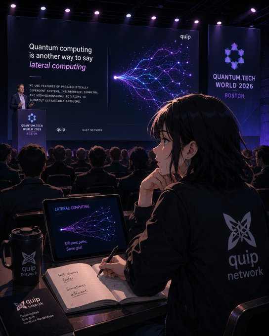 An anime-style illustration of a young woman at the 'Quantum Tech World 2026' conference in Boston, taking notes while a presentation slide discusses 'lateral computing' as an alternative to quantum computing for the 'quip network'.