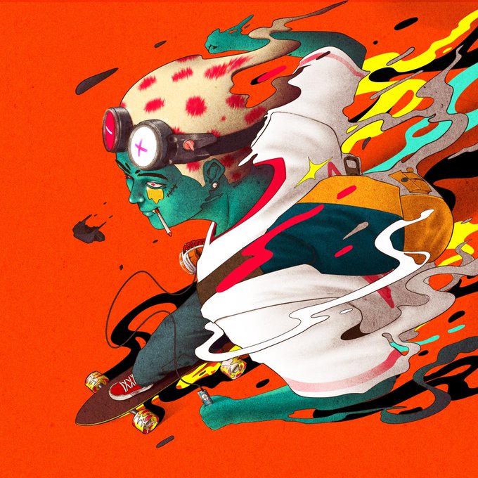 A vibrant digital illustration of a green-skinned character with a red-spotted helmet and goggles riding a skateboard against an orange background with stylized flames and smoke.