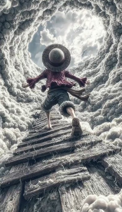 A figure wearing a straw hat and red shirt runs along a wooden plank bridge through billowing clouds toward a bright opening in the sky, viewed from behind.