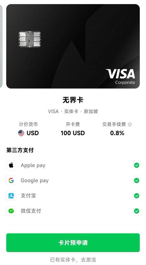 App interface showing a Visa Corporate card ('无界卡') with details: USD currency, 100 USD opening fee, 0.8% transaction fee, and supported third-party payments including Apple Pay, Google Pay, Alipay (支付宝), and WeChat Pay (微信支付).