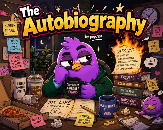 A colorful cartoon illustration titled 'The Autobiography by pop789' features a tired purple owl mascot surrounded by coffee cups, sticky notes with humorous life reminders, books on excuses and procrastination, and a to-do list on fire.