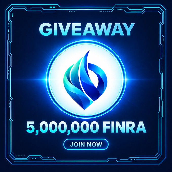 A blue digital graphic advertising a 'GIVEAWAY' of '5,000,000 FINRA' with a 'JOIN NOW' button and a central flame-like logo.