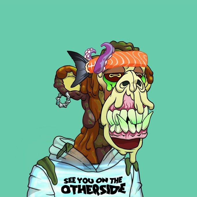 A grotesque cartoon illustration of a zombie-like creature with a wide toothy grin, wearing a tattered shirt that reads "SEE YOU ON THE OTHERSIDE", topped with a piece of salmon sushi.