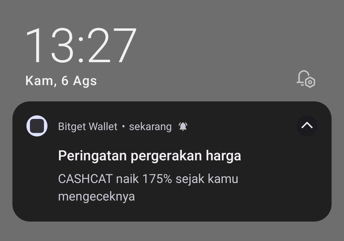 A smartphone lock screen displays the time 13:27 on Thursday, August 6, alongside a Bitget Wallet notification in Indonesian that reads "Peringatan pergerakan harga" (Price movement alert), warning that "CASHCAT naik 175% sejak kamu mengeceknya" (CASHCAT has risen 175% since you last checked it)—illustrating the app's price alert feature for tracking crypto movements.
