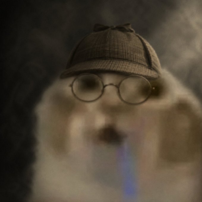 The image features a white dog with glasses, possibly a pomeranian or a similar breed, wearing a hat that looks like a Sherlock Holmes hat. The dog's eyes are wide open, giving an impression of surprise or curiosity as if it is being interviewed by someone in a lab coat. The background appears to be dark and blurred, which further emphasizes the focus on the dog with glasses and the hat.