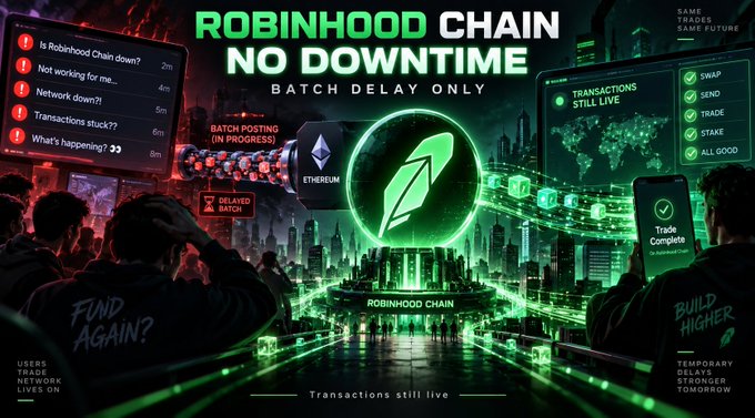 A promotional graphic titled 'ROBINHOOD CHAIN NO DOWNTIME BATCH DELAY ONLY' showing Ethereum batch posting, with text including 'Transactions still live,' 'Swap, Send, Trade, Stake, All good,' and tweets like 'Is Robinhood Chain down?', 'Not working for me...', 'Network down?!', 'Transactions stuck??', and 'What's happening??'.