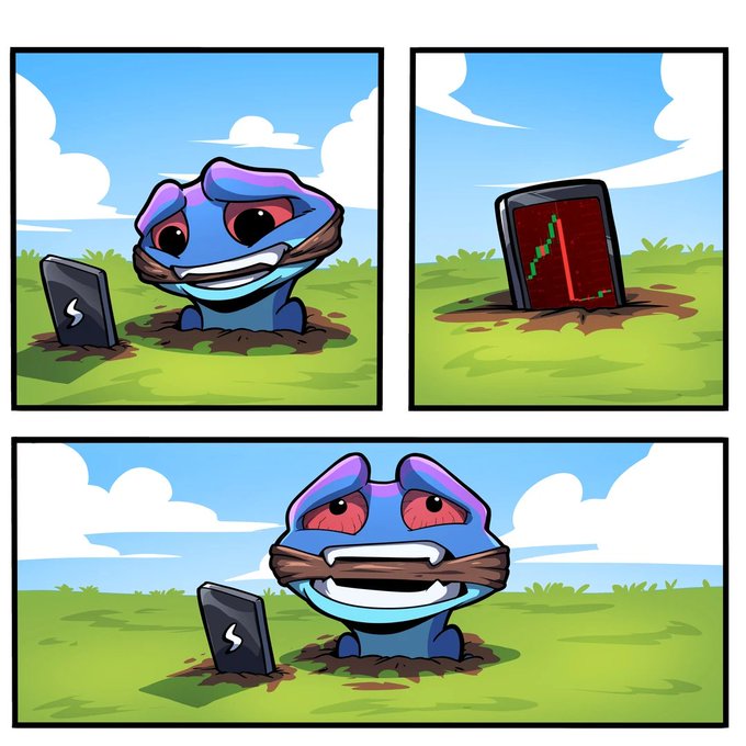 A three-panel cartoon showing a blue frog-like creature at a gravesite; in the first panel it smiles next to a smartphone tombstone, the second panel zooms in on the phone displaying a rising stock chart, and the final panel shows the creature grinning broadly.