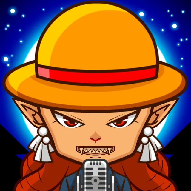 Cartoon illustration of an angry character with pointy ears, fangs, and large earrings wearing a yellow straw hat with a red band, speaking into a microphone against a starry blue background.