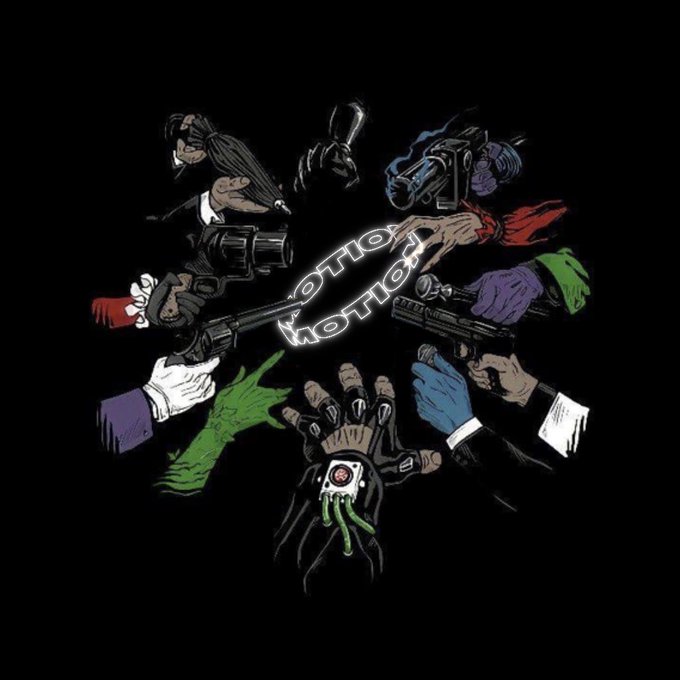 An illustration features several colorful hands reaching inward holding various weapons, including guns and knives, surrounding the word "KOTIOJ" in the center against a black background.