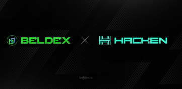 A promotional banner featuring the logos of 'BELDEX' and 'HACKEN' on a dark background, separated by an 'x' symbol.