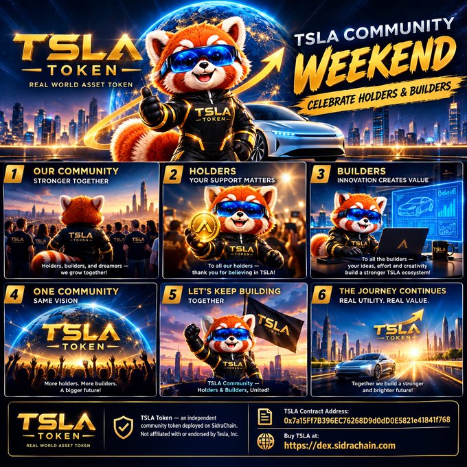 A promotional graphic for "TSLA TOKEN" titled "TSLA COMMUNITY WEEKEND - CELEBRATE HOLDERS & BUILDERS" featuring a red panda mascot in sunglasses, a Tesla car, and six numbered panels celebrating the community, with a contract address "0x7d15f7B396EC76268D9d0dD0E5821e41841f7f68" and website "https://dex.sidrachain.com" displayed at the bottom.