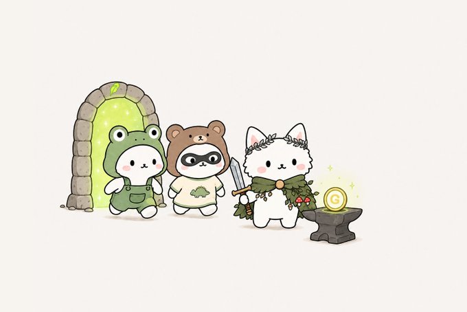 Three cute cartoon characters dressed as a frog, bear, and cat with a sword stand next to a glowing green portal and a gold coin.
