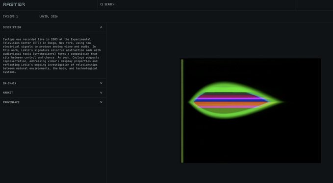An art platform description for 'Cyclops 1' by Lovid, 2024, featuring a green lens-like digital artwork with magenta and blue stripes.