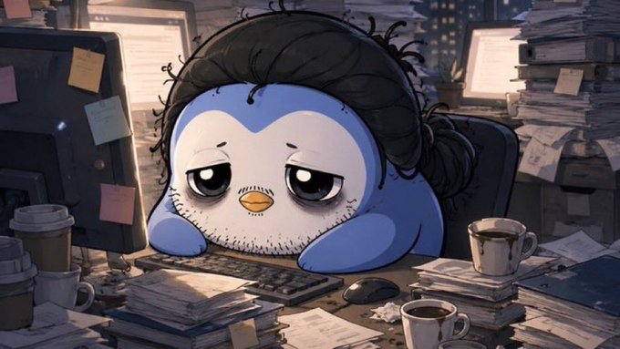 A tired, exhausted penguin mascot with messy hair slumps over a cluttered desk piled high with papers, coffee cups, and a keyboard, embodying the weariness of tireless online engagement. The image humorously reflects the post's energy of grinding for crypto replies, as the caption offers $70 to 7 commenters who share their $SOL addresses.