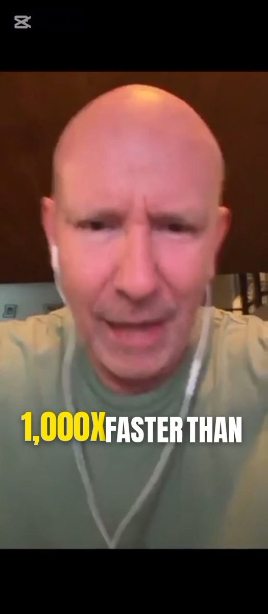 A bald man wearing earbuds speaks directly to the camera in a vertical video, with the overlaid text “1,000X FASTER THAN.”