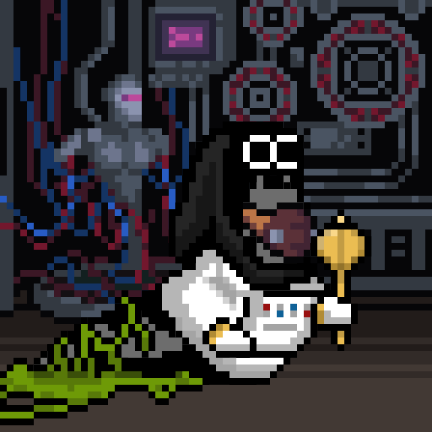 Pixel art showing a defeated/damaged robotic character lying on the ground with green liquid spilled next to it.