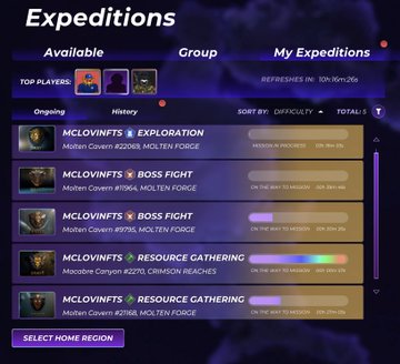 The image presents a webpage with a list of ten expeditions, each with its own details. The first few sections focus on the different expeditions available while the last section highlights an expedition currently being led by a player named "ManeCity". This information is relevant because it suggests that the website might be related to planning or organizing group expeditions, possibly involving adventure tourism activities in mountainous regions.