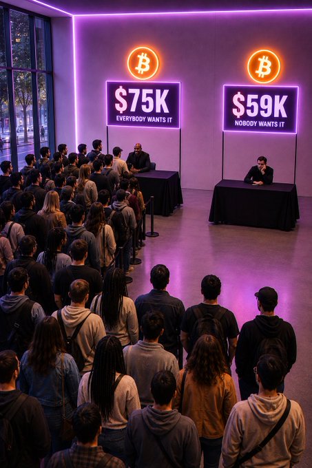 An AI-generated scene of people queuing at a Bitcoin exchange booth displaying '$75K EVERYBODY WANTS IT' while the neighboring '$59K NOBODY WANTS IT' booth sits empty.