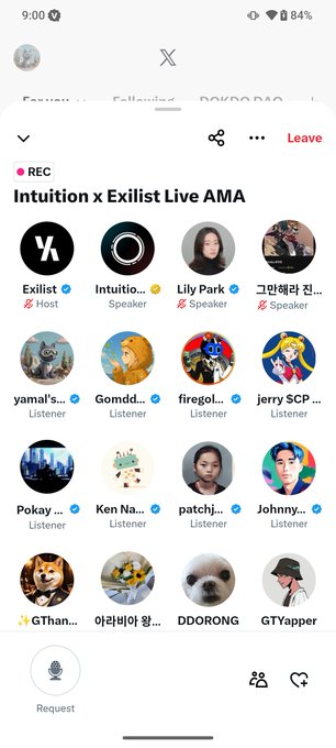 A mobile screenshot of an X Space titled 'Intuition x Exilist Live AMA' lists speakers including Lily Park, 그만렘열, and several listeners such as yamal's and Gomdd.