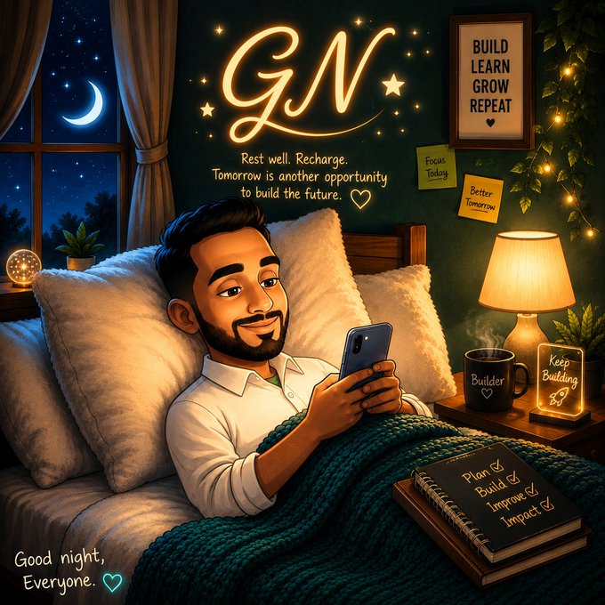 Cozy illustrated 'Good Night' (GN) scene showing a bearded man in bed using a phone, with text reading 'Rest well. Recharge. Tomorrow is another opportunity to build the future.' and motivational notes like 'BUILD LEARN GROW REPEAT', 'Keep Building', and a checklist with 'Plan', 'Build', 'Improve', 'Impact'.