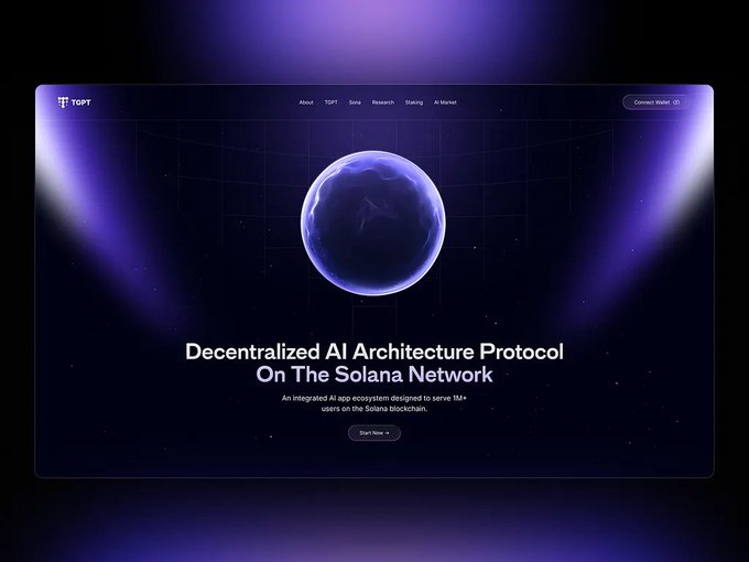 The TOPST website landing screen displays "Decentralized AI Architecture Protocol On The Solana Network" with a dark purple planet graphic.