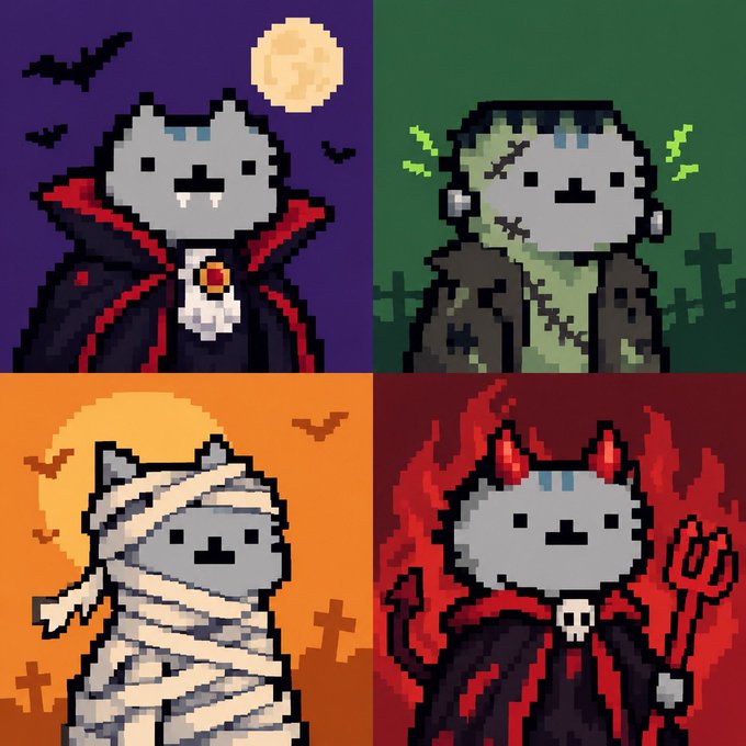 Pixel art showing four cat characters in different Halloween costumes: a vampire with cape and fangs, a Frankenstein's monster with stitches, a mummy wrapped in bandages, and a devil with horns and trident.