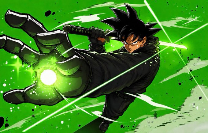 Anime-style illustration of a spiky-haired warrior in a black coat wielding a glowing green energy attack against a bright green background.
