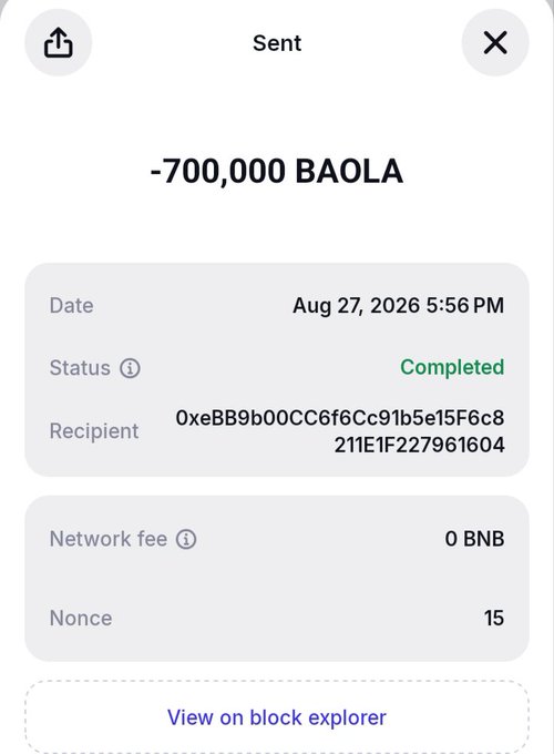 A transaction confirmation screen showing a completed transfer of -700,000 BAOLA tokens sent on Aug 27, 2026, with 0 BNB network fee.